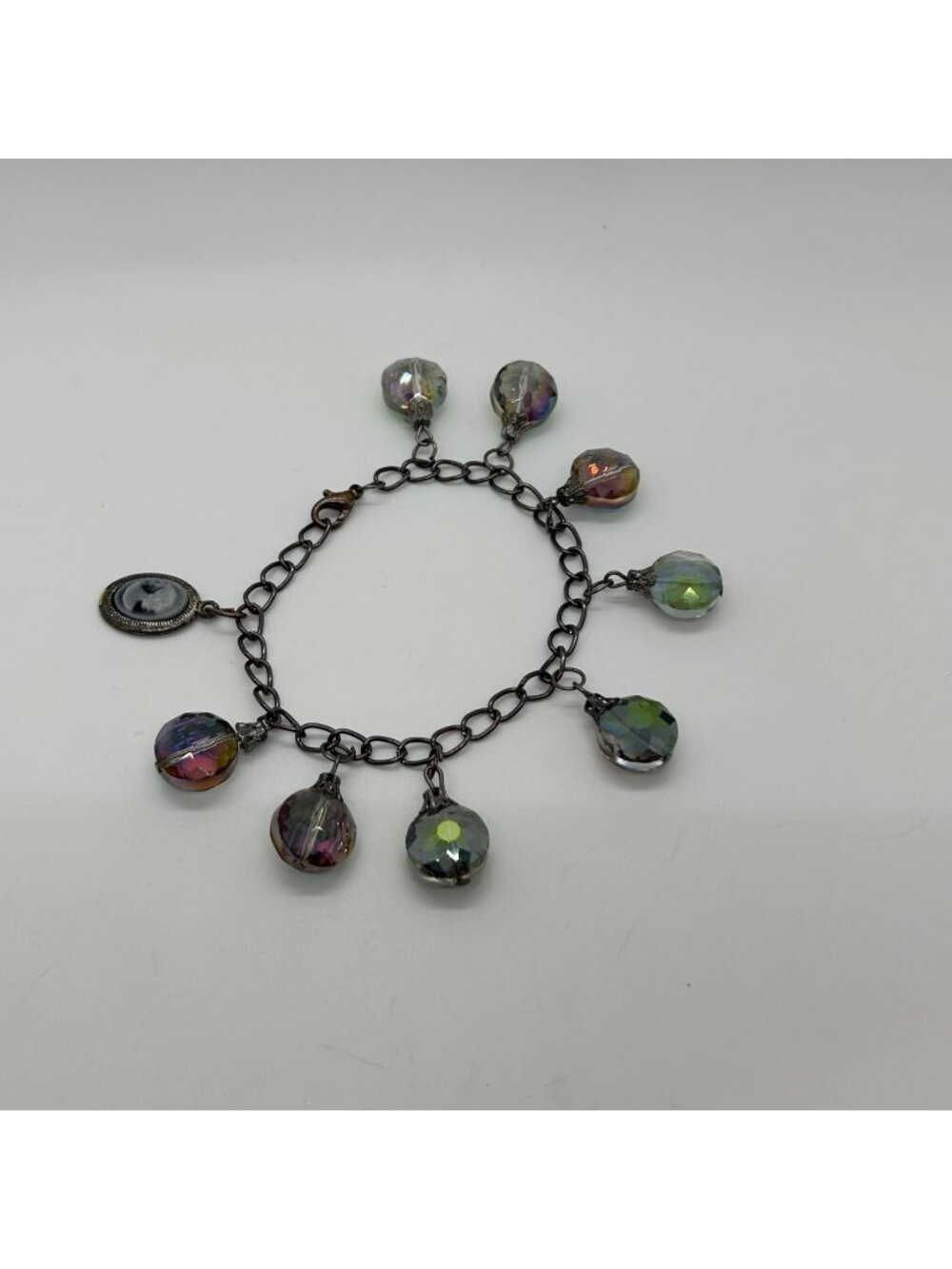 Aurora Borealis Crystal Charm Bracelet Cameo Pendant Antique Black Chain Design